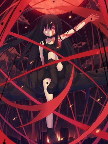 Anime picture 2000x2667 with original anyannko single long hair tall image highres black hair red eyes red moon girl dress ribbon (ribbons) shorts boots blood