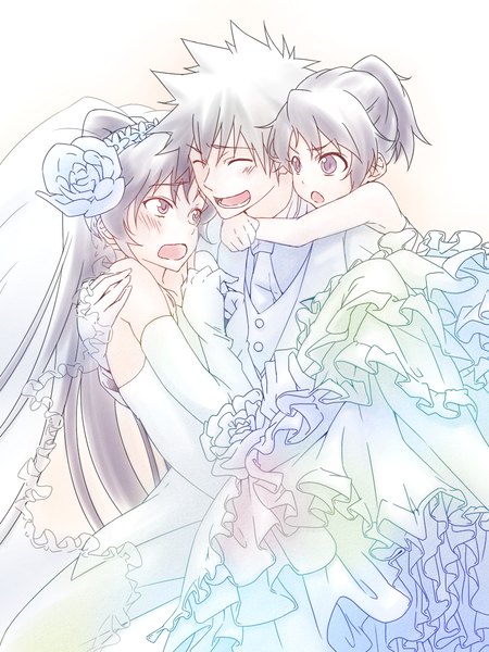 Anime picture 840x1120 with to aru majutsu no index j.c. staff kamijou touma kanzaki kaori touryou (artist) long hair tall image fringe short hair open mouth black hair smile eyes closed hair flower hug spiked hair hug from behind wedding family mother and daughter