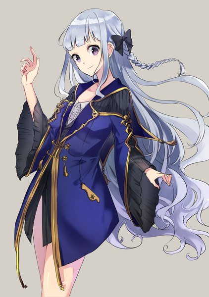 Anime picture 704x1000 with original kusaka kou single long hair tall image fringe simple background purple eyes silver hair blunt bangs braid (braids) grey background girl bow hair bow
