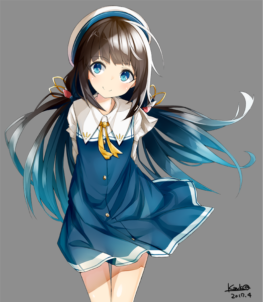 Anime-Bild 697x800 mit ryuuou no oshigoto! hinatsuru ai kavka single long hair tall image looking at viewer blush blue eyes simple background smile brown hair twintails signed payot blue hair ahoge head tilt wind grey background
