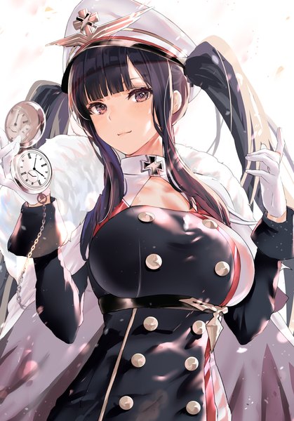Anime picture 1431x2047 with azur lane peter strasser (azur lane) temir single long hair tall image looking at viewer blush fringe breasts black hair simple background red eyes standing white background twintails holding payot blunt bangs light smile