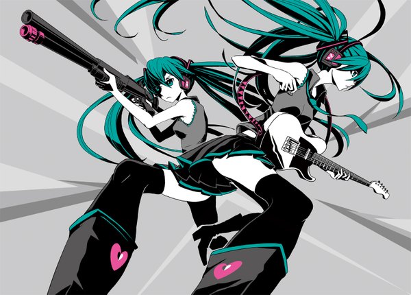 Anime picture 1500x1075 with vocaloid hatsune miku k (katokenrock) long hair twintails bare shoulders multiple girls profile pleated skirt aqua eyes aqua hair grey background monochrome dual persona girl thighhighs weapon black thighhighs 2 girls miniskirt
