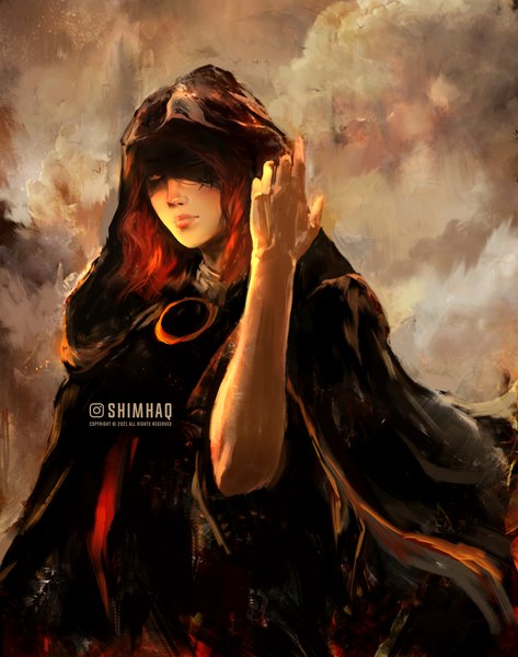 Anime picture 3000x3804 with elden ring melina (elden ring) shimhaq single tall image looking at viewer highres short hair brown hair standing brown eyes signed one eye closed girl hood cloak