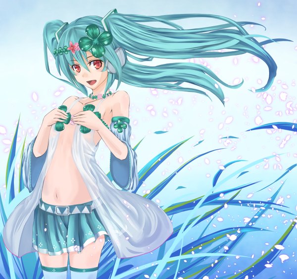 Anime picture 1496x1404 with vocaloid hatsune miku t shatsu single long hair open mouth red eyes twintails aqua hair midriff girl thighhighs skirt navel miniskirt petals white thighhighs headphones