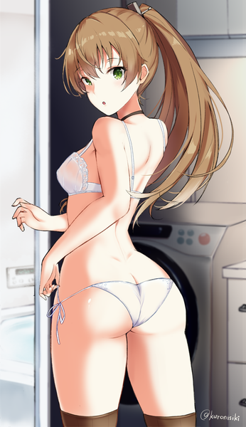 Anime picture 606x1050 with kantai collection kumano heavy cruiser takaharu single long hair tall image looking at viewer fringe breasts light erotic brown hair standing green eyes signed ass looking back from behind depth of field underwear only twitter username