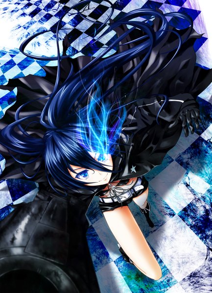 Anime picture 2618x3626 with black rock shooter black rock shooter (character) ihara natsume single long hair tall image highres blue eyes twintails blue hair glowing glowing eye (eyes) girl weapon shorts cloak bikini top
