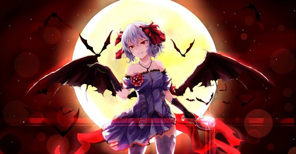 Anime picture 1600x832 with touhou remilia scarlet white crow single looking at viewer fringe short hair smile red eyes wide image standing bare shoulders purple hair teeth zettai ryouiki black wings sharp teeth girl dress gloves