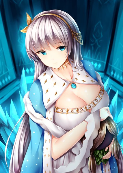 Anime picture 1137x1600 with fate (series) fate/grand order anastasia (fate) viy (fate) wsman single long hair tall image looking at viewer blush fringe breasts blue eyes light erotic hair between eyes large breasts standing holding cleavage silver hair