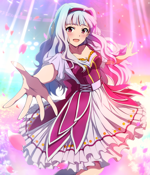 Anime picture 1100x1286 with idolmaster shijou takane hina (araburu-hinadori) single long hair tall image looking at viewer blush purple eyes silver hair starry fairy girl dress petals hairband