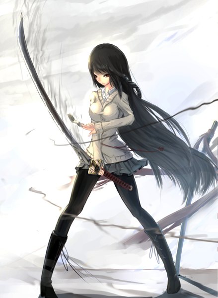 Anime picture 1663x2273 with original kikivi single long hair tall image looking at viewer black hair red eyes glowing girl skirt weapon sword boots katana