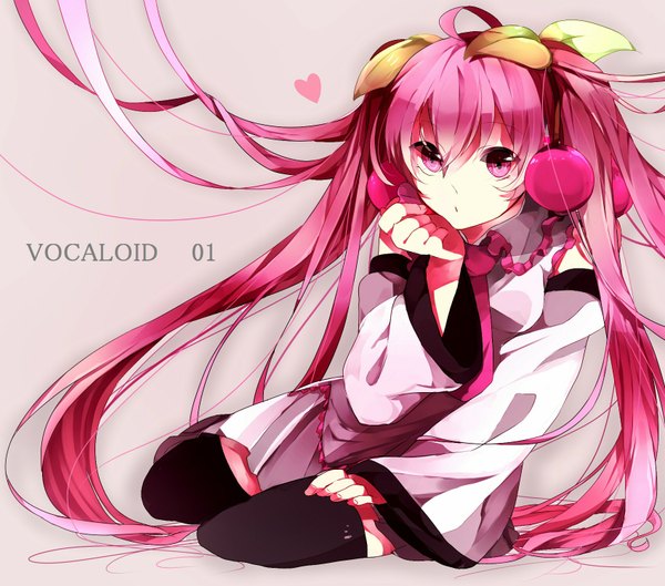 Anime picture 1700x1500 with vocaloid hatsune miku sakura miku hibiya single long hair twintails pink hair pink eyes girl thighhighs black thighhighs detached sleeves food berry (berries) cherry