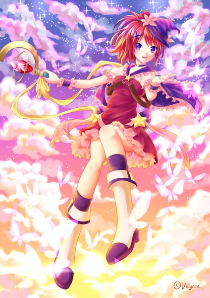 Anime picture 909x1285 with original villyane single tall image blush short hair open mouth purple eyes sky cloud (clouds) red hair girl dress hair ornament hairclip star (symbol) insect butterfly star (stars) x hair ornament