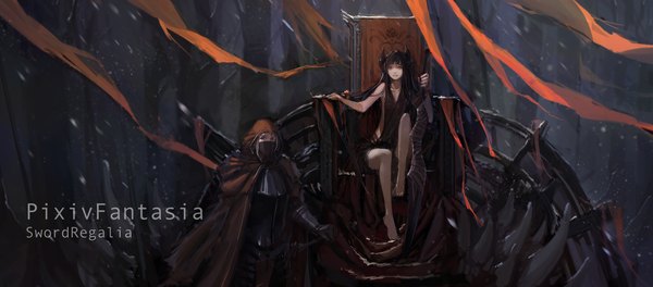 Anime picture 1400x617 with original pixiv fantasia pixiv fantasia sword regalia blueman long hair black hair red eyes wide image sitting multiple girls bent knee (knees) barefoot horn (horns) inscription bare legs legs demon girl girl 2 girls sword