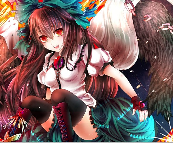 Anime picture 1045x865 with touhou reiuji utsuho tsuki ai single long hair looking at viewer open mouth red eyes brown hair girl thighhighs dress bow black thighhighs hair bow wings boots fingerless gloves chain