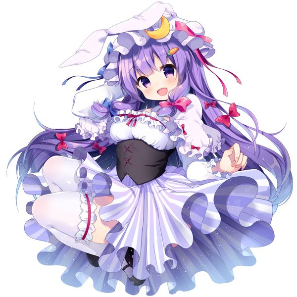 Anime picture 1116x1116 with touhou patchouli knowledge shiika yuno single long hair fringe breasts open mouth simple background smile white background purple eyes animal ears purple hair bent knee (knees) long sleeves bunny ears fake animal ears girl thighhighs