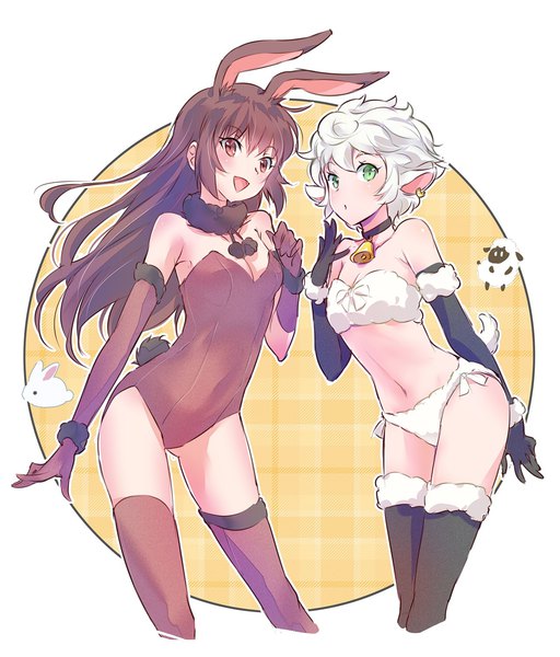 Anime picture 1280x1500 with rwby rooster teeth velvet scarlatina iesupa long hair tall image looking at viewer short hair open mouth light erotic brown hair white background multiple girls brown eyes green eyes animal ears white hair tail animal tail bunny ears