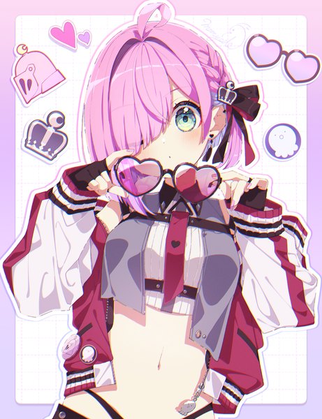 Anime picture 1300x1692 with virtual youtuber hololive himemori luna himemori luna (5th costume) mamyouda single tall image looking at viewer fringe short hair holding green eyes pink hair upper body ahoge head tilt one eye closed hair over one eye official alternate costume border