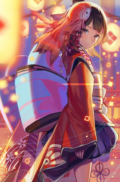 Anime picture 1000x1515 with onmyoji kagura (onmyoji) sheep sleep single tall image looking at viewer short hair red eyes brown hair standing outdoors traditional clothes japanese clothes girl hair ornament kanzashi paper lantern