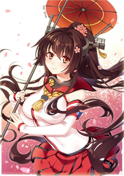 Anime picture 800x1131 with kantai collection yamato super battleship philomelalilium single tall image looking at viewer blush brown hair brown eyes very long hair traditional clothes japanese clothes hair flower girl skirt hair ornament flower (flowers) miniskirt petals umbrella