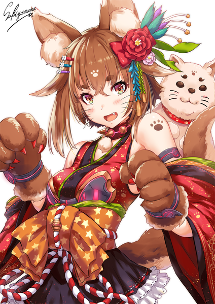 Anime picture 800x1131 with original sakiyamama single tall image looking at viewer blush fringe short hair open mouth simple background hair between eyes brown hair standing white background bare shoulders brown eyes signed animal ears tail traditional clothes