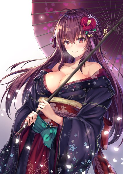 Anime-Bild 721x1020 mit fate (series) fate/grand order scathach (fate) (all) scathach (fate) cenangam single long hair tall image looking at viewer blush fringe breasts light erotic simple background smile hair between eyes red eyes large breasts standing bare shoulders