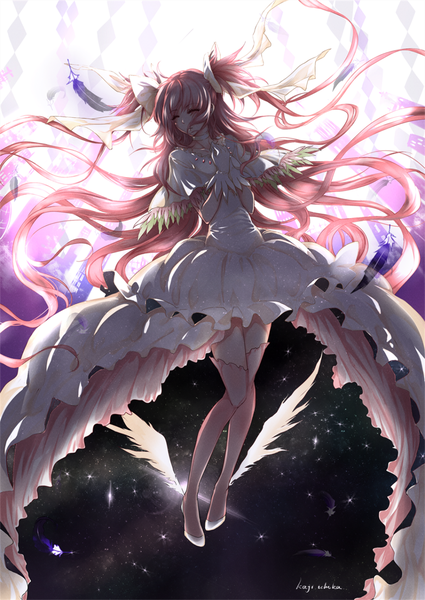 Anime picture 1026x1449 with mahou shoujo madoka magica shaft (studio) kaname madoka goddess madoka kaji ichi hana single tall image fringe twintails bent knee (knees) eyes closed very long hair short sleeves white wings starry sky print space print girl thighhighs dress gloves