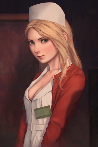 Anime picture 1200x1800 with silent hill lisa garland miura-n315 single long hair tall image looking at viewer blush fringe breasts light erotic blonde hair standing green eyes cleavage upper body indoors light smile lips realistic