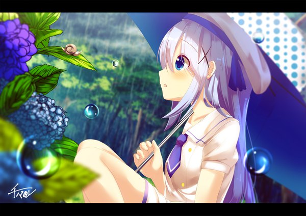 Anime picture 1800x1273 with gochuumon wa usagi desu ka? white fox kafuu chino chinomaron single long hair blush fringe highres open mouth blue eyes hair between eyes sitting holding signed payot looking away silver hair bent knee (knees) outdoors