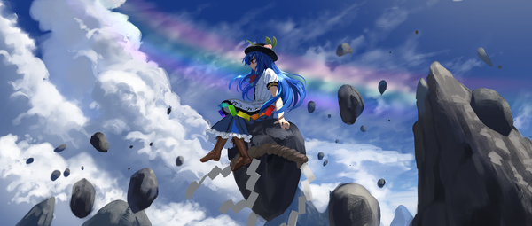 Anime picture 2541x1080 with touhou hinanawi tenshi suna (s73d) single long hair highres red eyes wide image sitting blue hair looking away sky cloud (clouds) full body profile puffy sleeves girl hat shimenawa