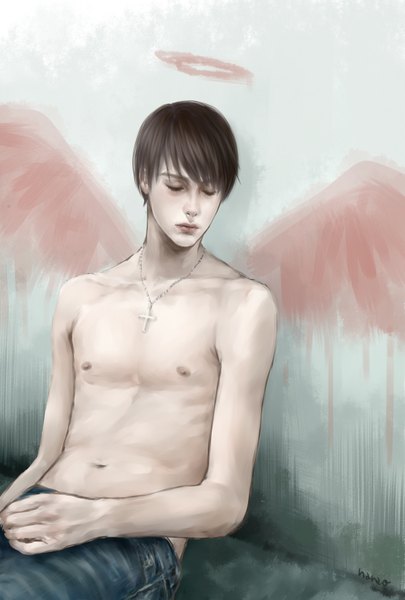 Anime picture 1181x1748 with original nanao (artist) single tall image short hair light erotic brown hair sitting signed nipples eyes closed topless shirtless fake wings boy navel wings pendant halo cross