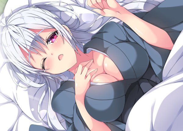 Anime picture 1000x715 with phantasy star phantasy star online 2 sega matoi (pso2) milkpanda single long hair looking at viewer blush breasts open mouth light erotic red eyes cleavage silver hair lying traditional clothes japanese clothes one eye closed girl