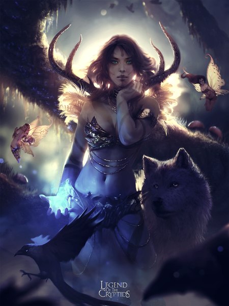 Anime picture 1200x1600 with legend of the cryptids wojciech fus long hair tall image looking at viewer blue eyes light erotic black hair brown hair multiple girls pointy ears fantasy glow insect wings fairy girl navel animal wings bird (birds)