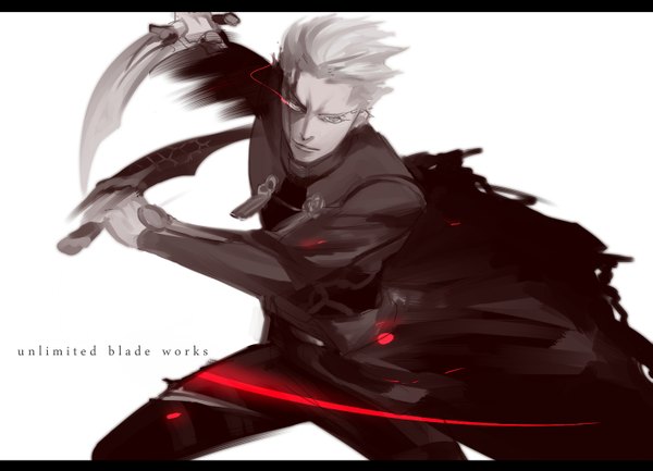 Anime picture 1417x1024 with fate/stay night studio deen archer (fate) atsuyu211 single short hair holding grey hair inscription grey eyes glowing glowing eye (eyes) dual wielding boy weapon dagger