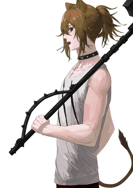 Anime picture 2508x3541 with arknights siege (arknights) rairyuu single tall image looking at viewer highres short hair simple background brown hair white background holding brown eyes animal ears ponytail tail animal tail profile genderswap lion ears