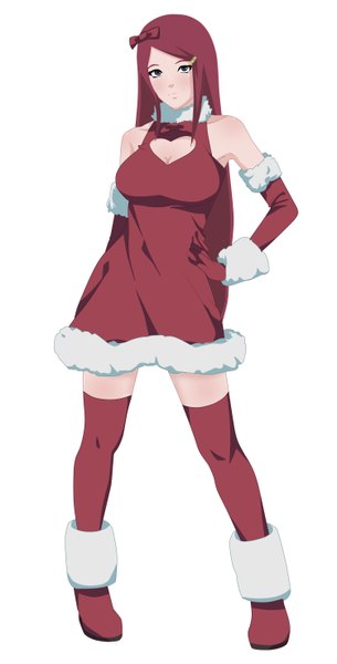 Anime picture 3000x5892 with naruto studio pierrot naruto (series) uzumaki kushina single long hair tall image looking at viewer highres blue eyes simple background white background red hair hand on hip christmas jinchuriki girl thighhighs dress gloves