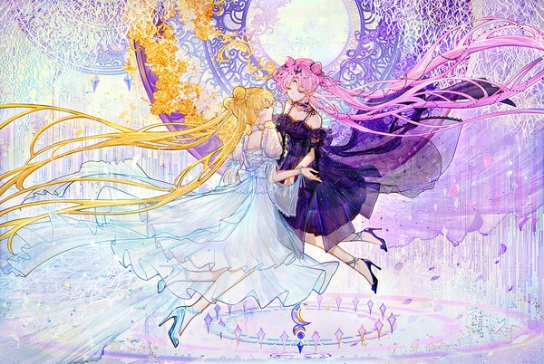 Anime picture 2080x1394 with bishoujo senshi sailor moon toei animation tsukino usagi chibiusa princess serenity black lady bai qi-qsr fringe highres blonde hair twintails bare shoulders multiple girls pink hair full body bent knee (knees) eyes closed very long hair profile off shoulder