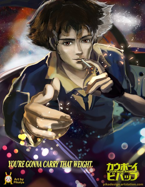 Anime picture 3600x4628 with cowboy bebop sunrise (studio) spike spiegel pikatya single tall image looking at viewer fringe highres short hair brown hair holding brown eyes signed absurdres copyright name text mouth hold english smoking