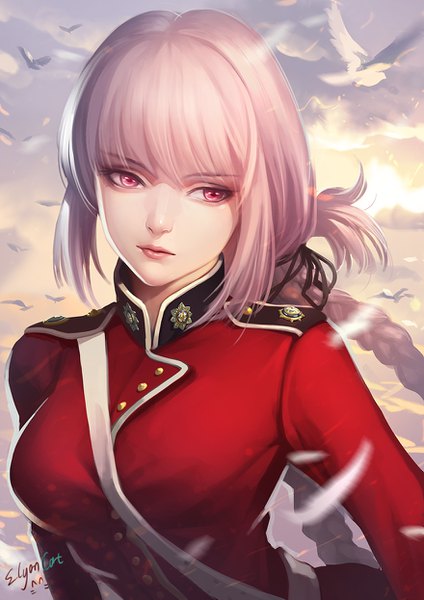 Anime picture 880x1245 with fate (series) fate/grand order florence nightingale (fate) ecat single long hair tall image fringe signed payot looking away pink hair cloud (clouds) upper body outdoors braid (braids) pink eyes sunlight lipstick single braid