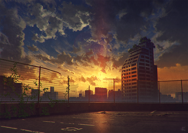 Anime picture 1200x850 with original mocha (cotton) signed sky cloud (clouds) outdoors evening sunset no people landscape broken plant (plants) building (buildings) fence skyscraper vines