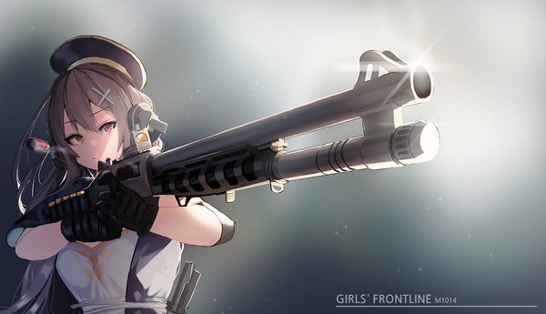 Anime picture 2000x1152 with girls frontline m1014 (girls frontline) ihobus single long hair fringe highres simple background brown hair wide image holding brown eyes looking away upper body grey background copyright name character names girl gloves weapon