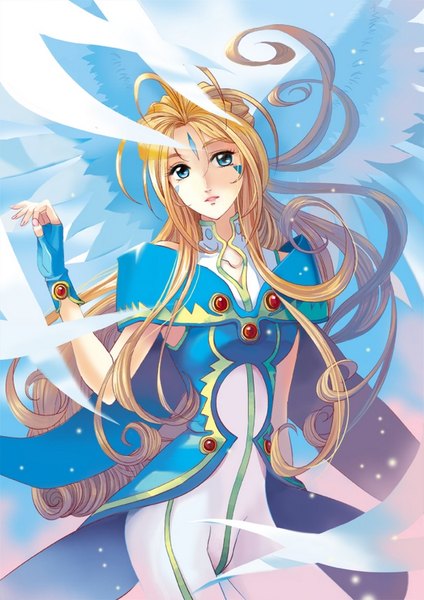 Anime picture 636x900 with aa megami-sama anime international company belldandy amg192003 single long hair tall image blue eyes light erotic blonde hair looking away ahoge head tilt floating hair facial mark angel wings girl gloves wings fingerless gloves