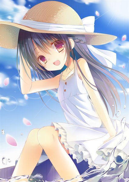 Anime picture 800x1131 with original shiiba nae single long hair tall image looking at viewer open mouth black hair sitting bare shoulders sky cloud (clouds) :d pink eyes hand on head half updo frilled dress girl dress hat