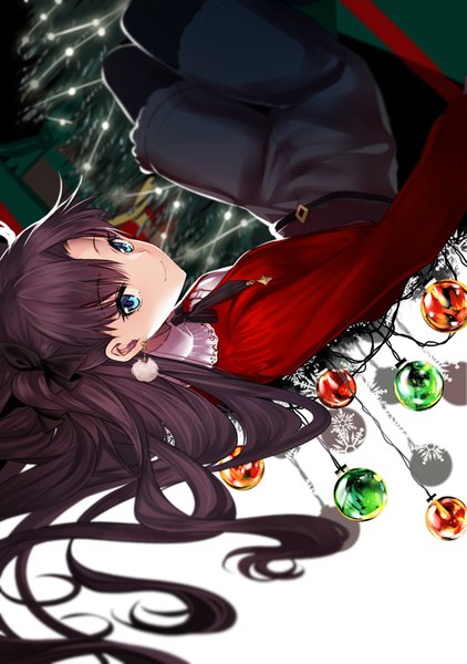 Anime picture 704x1000 with fate (series) fate/stay night toosaka rin yaoshi jun single long hair tall image looking at viewer blue eyes black hair smile two side up christmas girl earrings pantyhose black pantyhose bauble