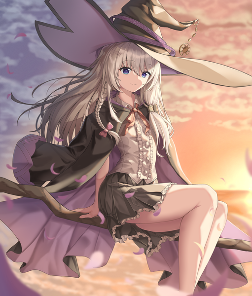 Anime picture 5099x5985 with majo no tabitabi elaina (majo no tabitabi) pla0658 single long hair tall image looking at viewer fringe highres blue eyes smile hair between eyes sitting payot absurdres sky silver hair cloud (clouds) bent knee (knees) outdoors