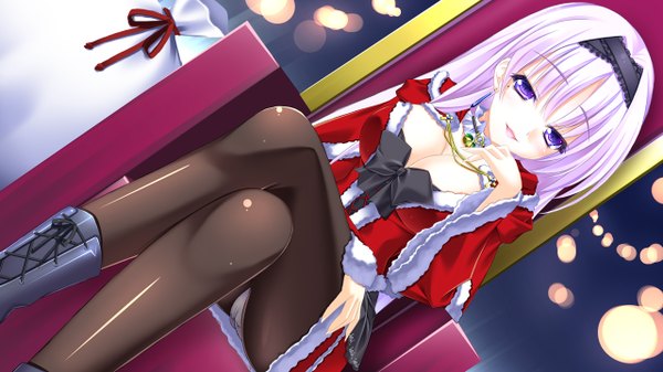 Anime picture 1280x720 with original argenteumastrum long hair breasts open mouth light erotic wide image sitting purple eyes white hair pantyshot crossed legs pantyshot sitting girl pantyhose hairband black pantyhose bowtie