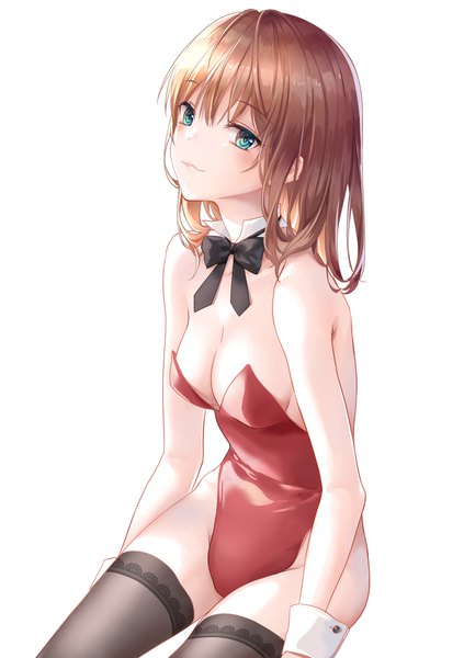 Anime picture 1748x2480 with original chocofox single long hair tall image blush highres breasts light erotic simple background brown hair white background sitting cleavage aqua eyes girl thighhighs black thighhighs detached collar wrist cuffs