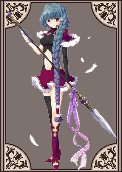 Anime picture 1000x1403 with hayabusa koi single tall image purple eyes blue hair braid (braids) very long hair grey background girl thighhighs dress weapon boots feather (feathers) single thighhigh