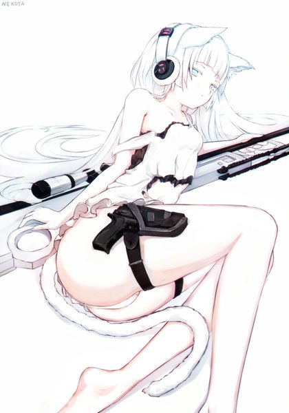 Anime picture 669x956 with girls frontline original awp (girls frontline) (dyolf) nekoya (liu) single long hair tall image looking at viewer fringe blue eyes light erotic white background bare shoulders signed animal ears bent knee (knees) ass white hair tail lying