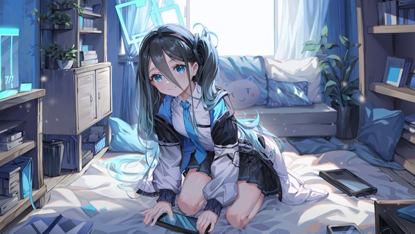 Anime-Bild 3840x2160 mit blue archive aris (blue archive) al guang single looking at viewer fringe highres blue eyes black hair smile hair between eyes wide image sitting absurdres indoors very long hair open jacket one side up girl plant (plants)
