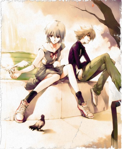 Anime picture 2414x2935 with neon genesis evangelion gainax ayanami rei nagisa kaworu zmoe tall image highres short hair open mouth blue eyes blonde hair sitting girl boy skirt uniform plant (plants) school uniform animal tree (trees)